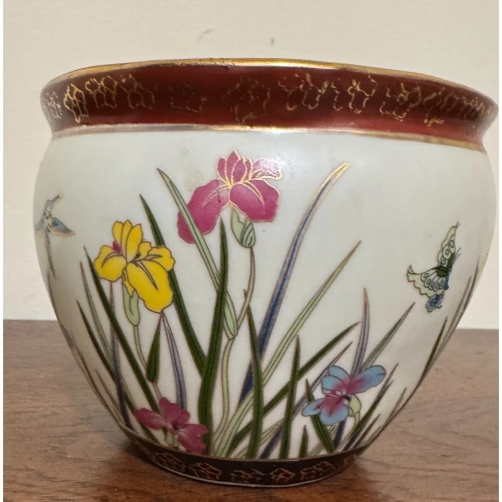 Vintage Koi Fish Bowl Planter Iris Hummingbirds Butterflies 3.75